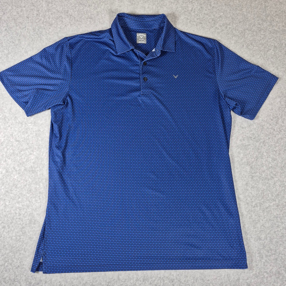 Callaway Golf Polo Mens Large Blue Geometric Print Opti-Dri Short Sleeve Shirt